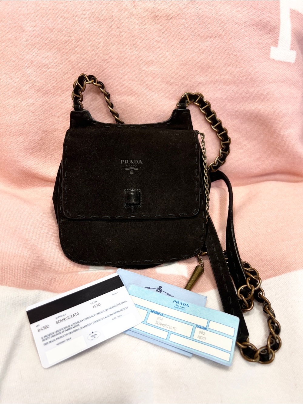 Prada⭐️✌🏻Vintage! RARE! Black Suede Crossbody/shoulder Bag with Chain Strap! - Picture 10 of 10